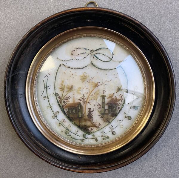 Pendant de miniatures tableaux XIX° Pêcheur et tombeau Nap. III