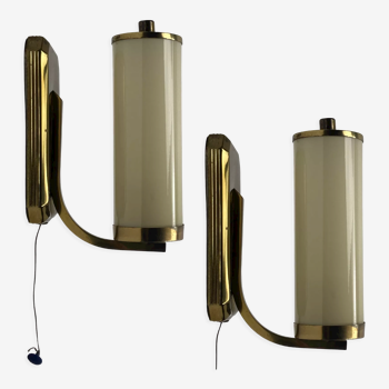 Pair art deco brass patinated tubular wall lamps