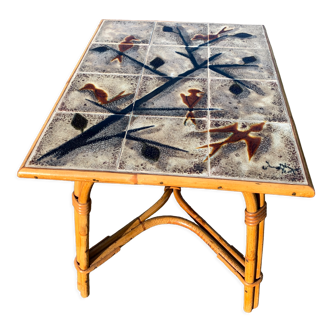 Table basse en rotin et céramique Chassin, 1960