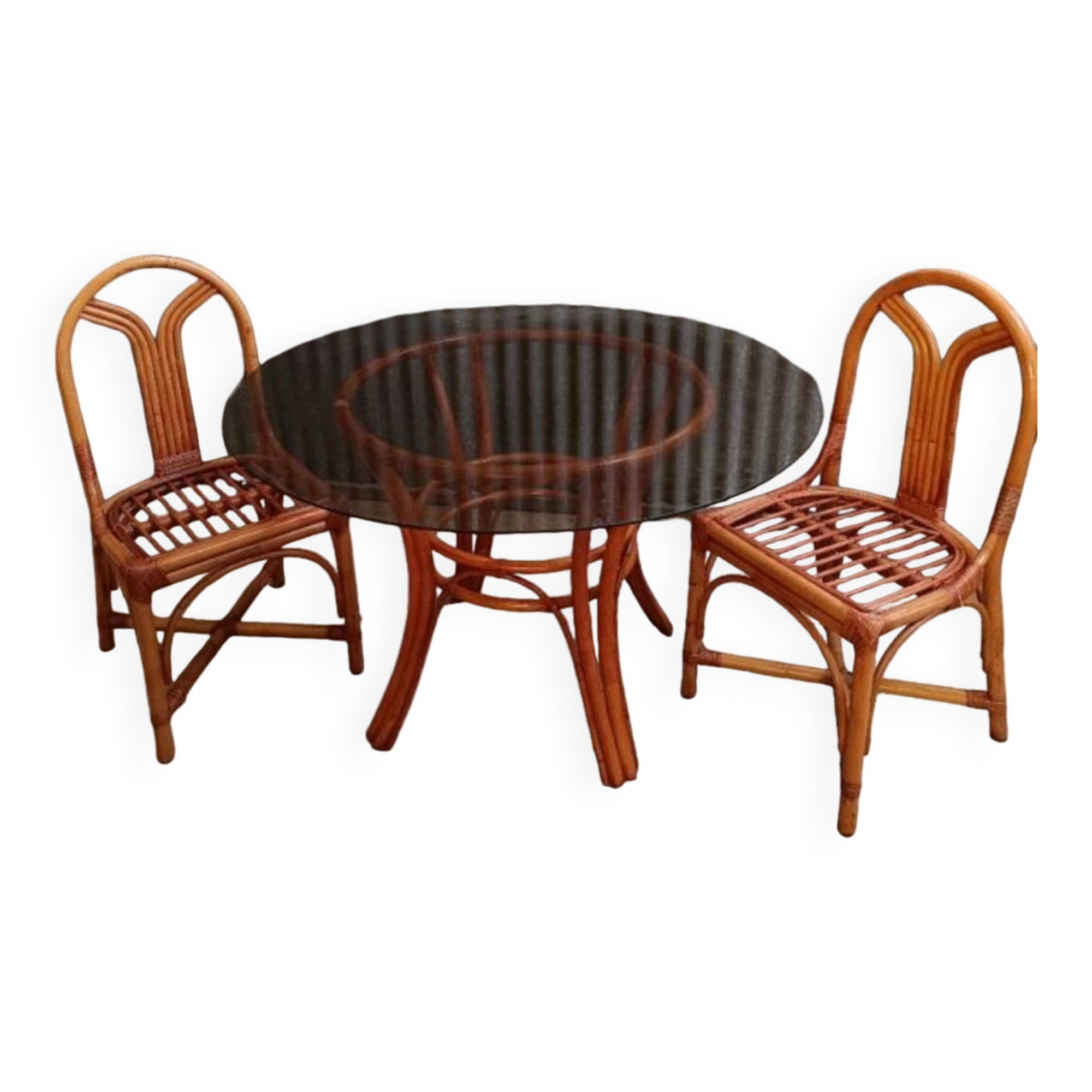 Table en rotin et verre fumé+ 2 chaises