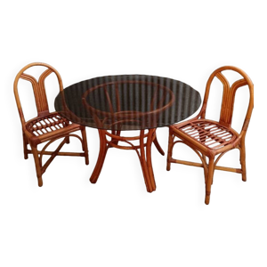 Table en rotin et verre - chaises