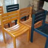 Lot of 5 Scandinavian chairs varnished and blue duck