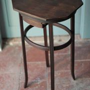Wooden drawer table or 19th-century work table with a curved wooden stretcher, in the style of Thonet, circa 1900-1920.