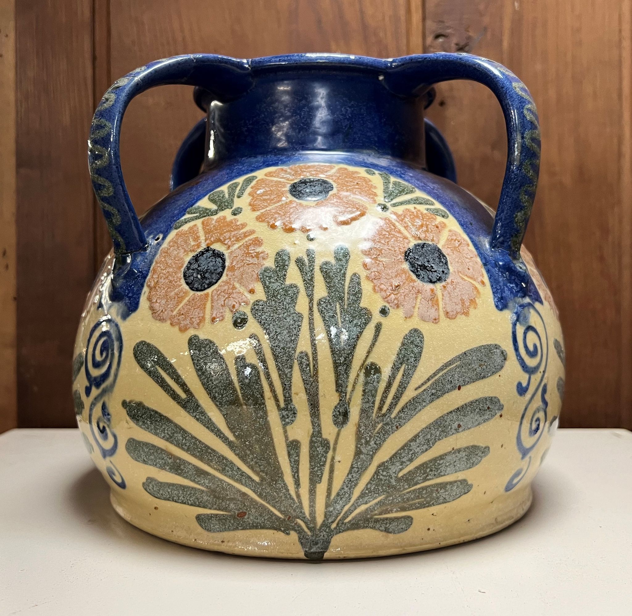 large glazed terracotta vase with 4 handles signed Léon Elchinger (1871-1942)