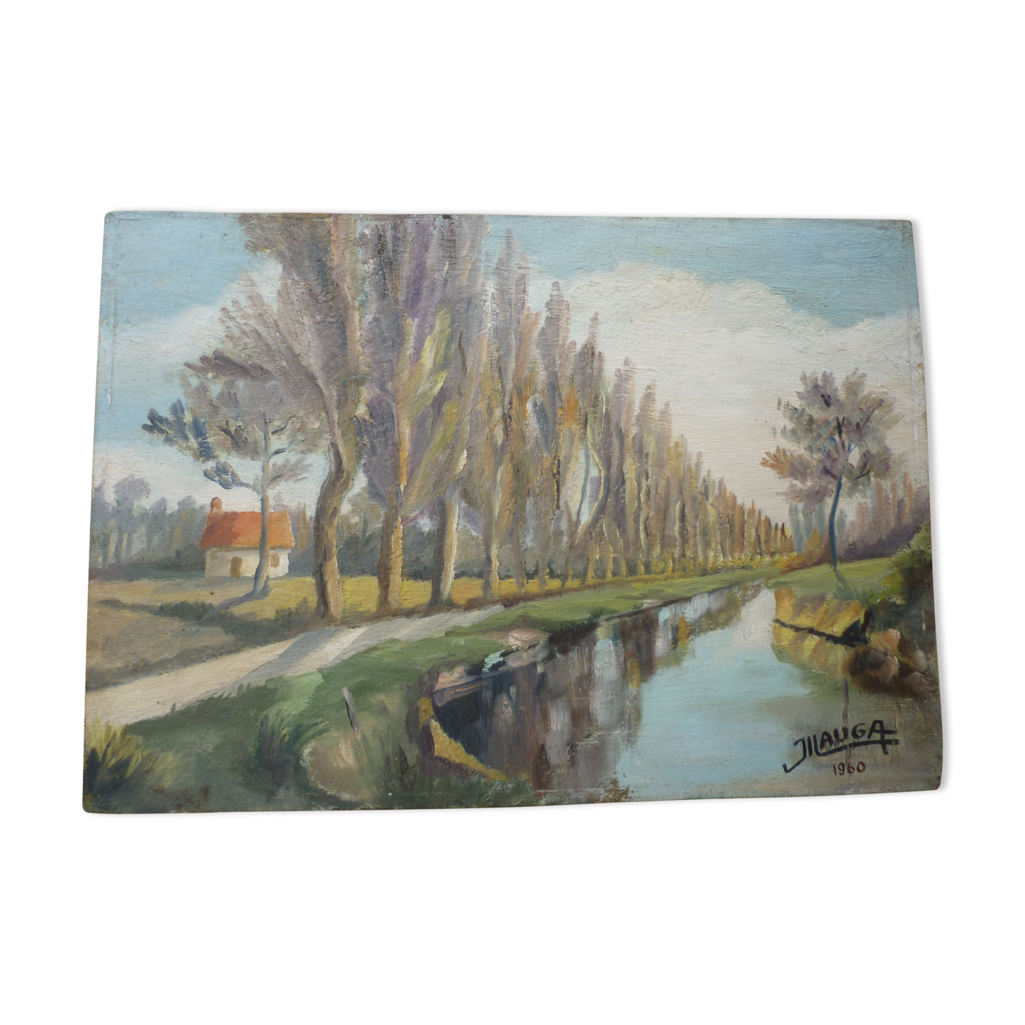 Peinture huile sur isorel signee J Lauga vue canal