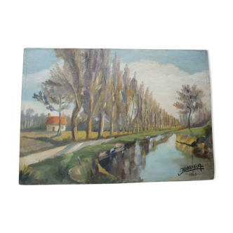 Oil painting on isorel signs J Lauga channel view