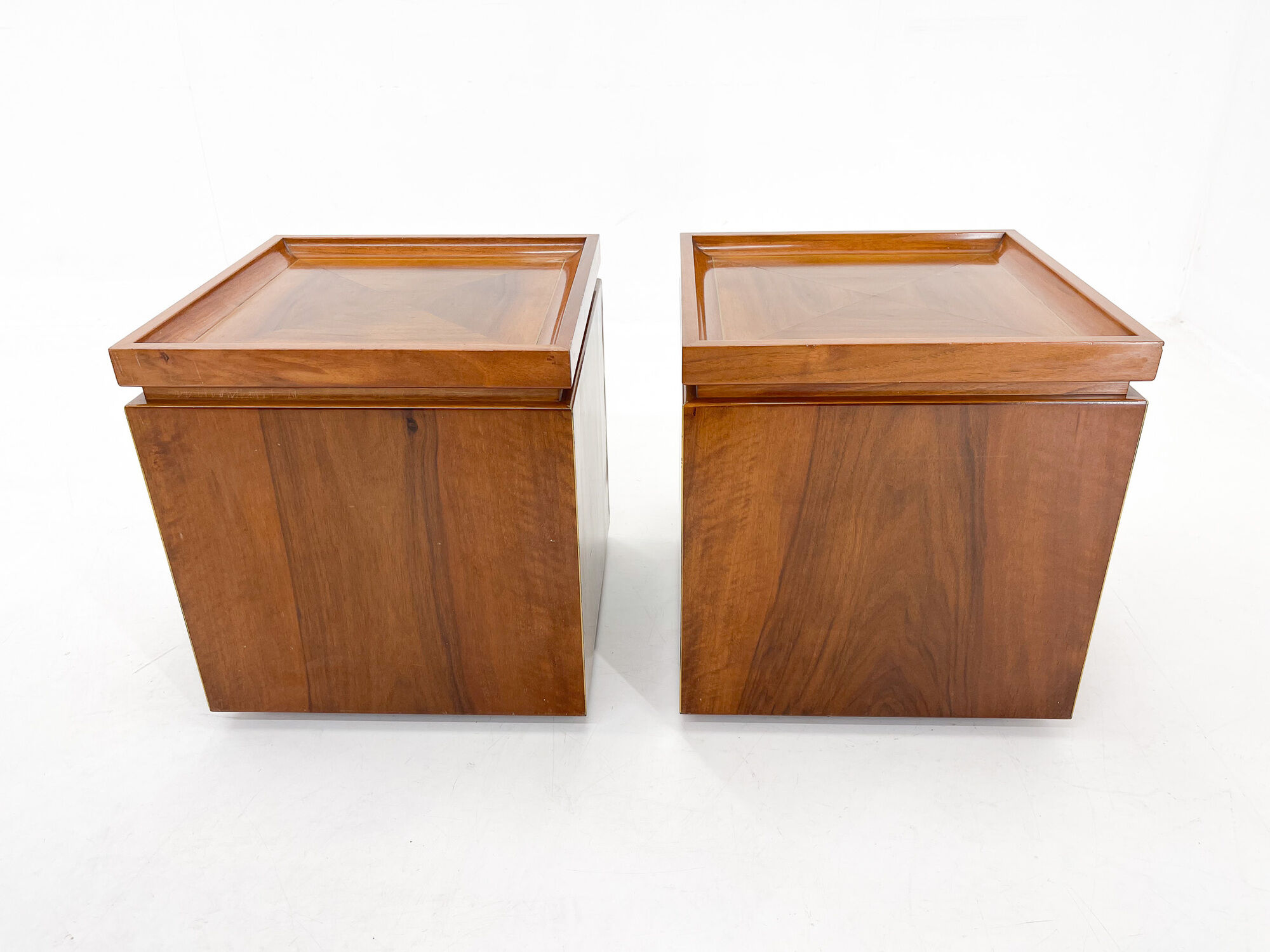 Set of walnut veneer side or night tables with brass detail, Italy 1950s
