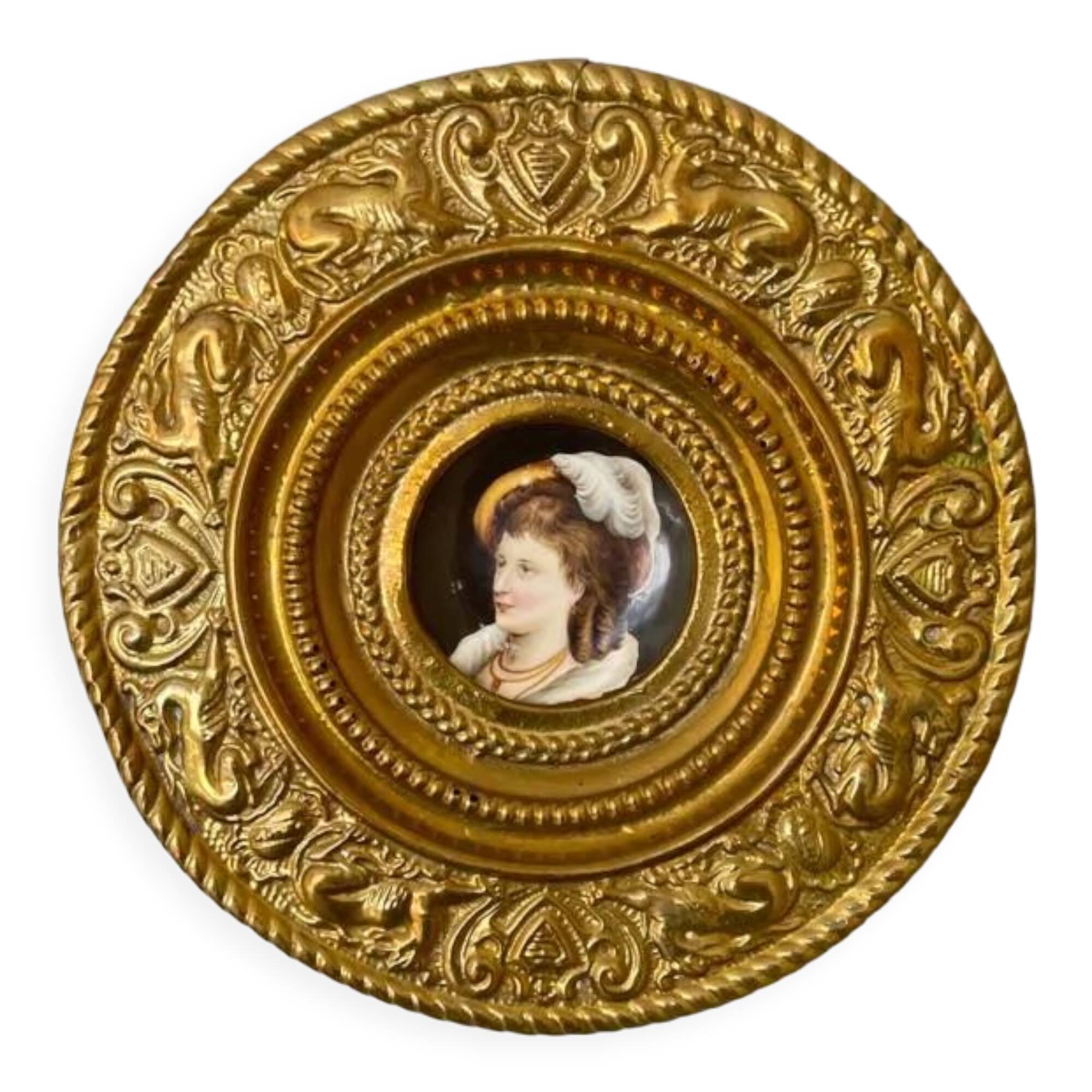 Decorative plate gold XIX in copper and porcelain
