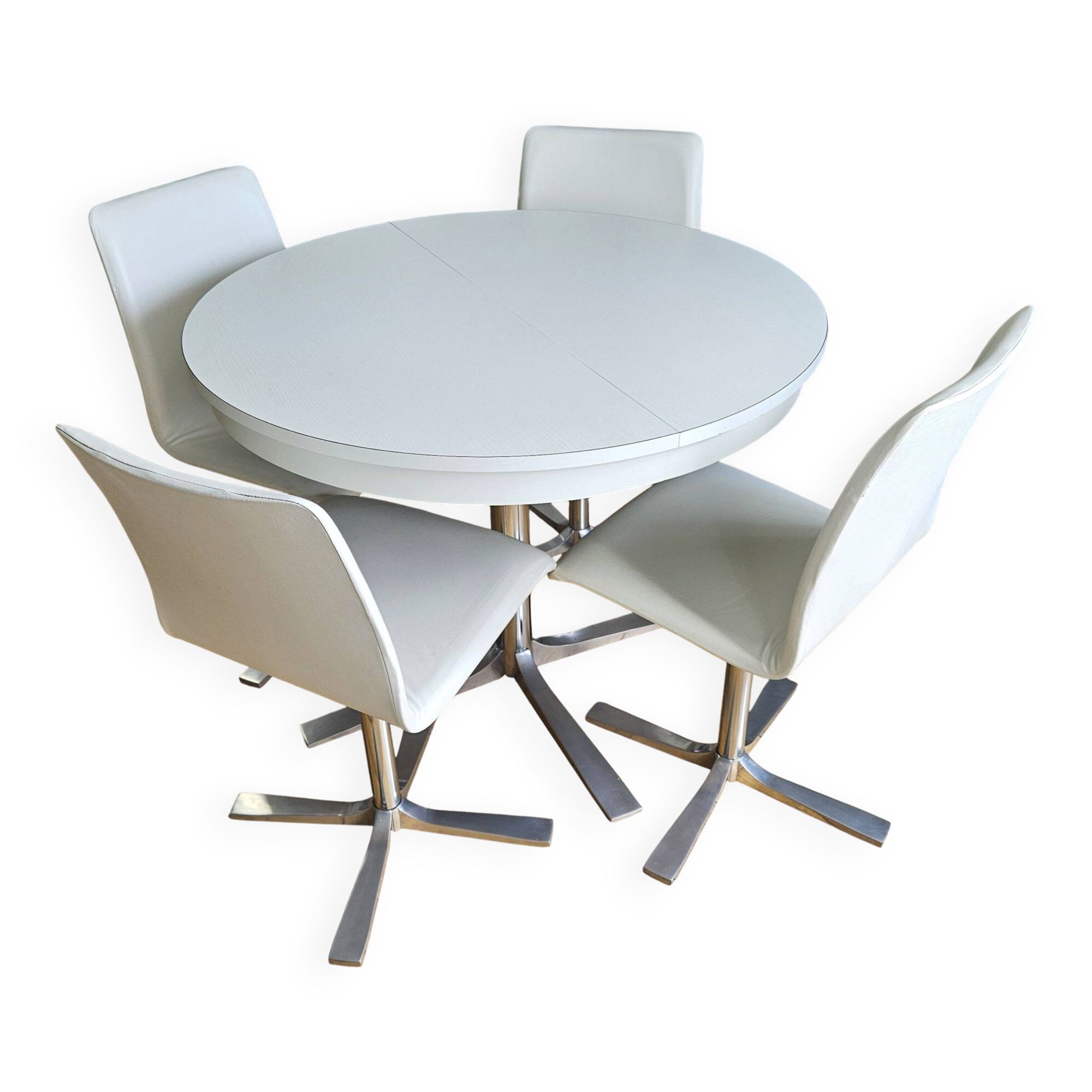 Extendable round table in white formica and 4 matching chairs by Roche Bobois.