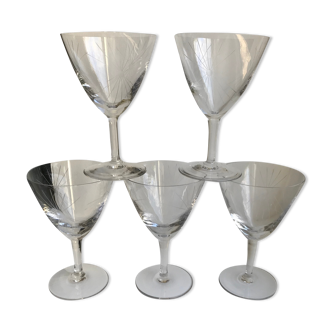 Lot de 5 verres à vin gravés modèle étoile années 50