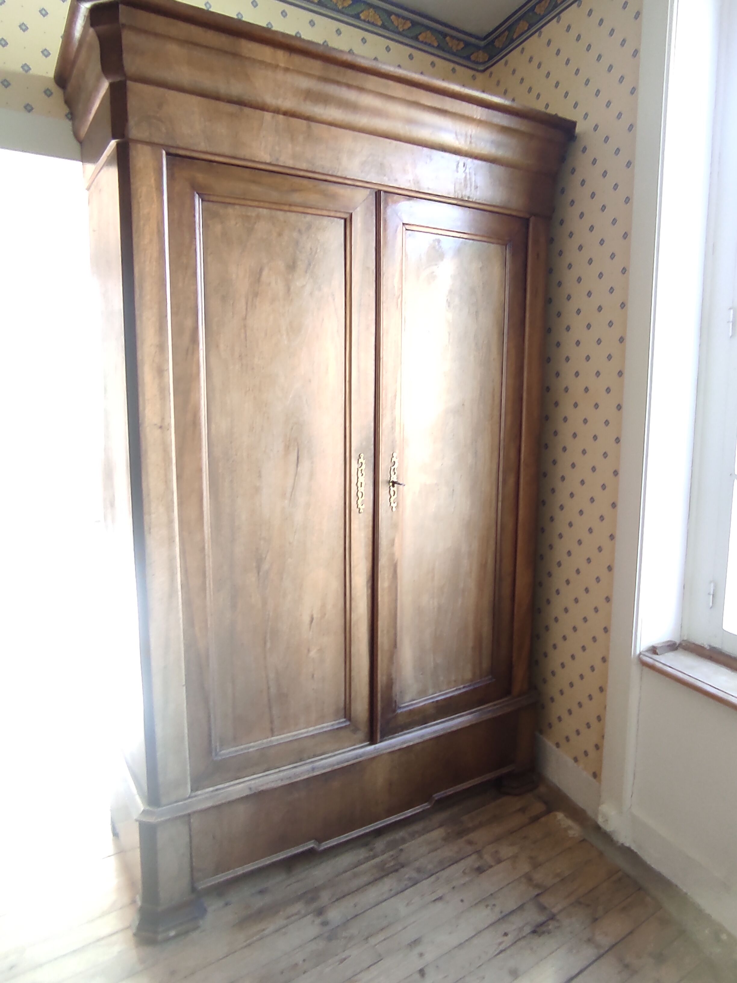 Old wardrobe Louis Philippe 2 doors 19th century 1 drawer shelves