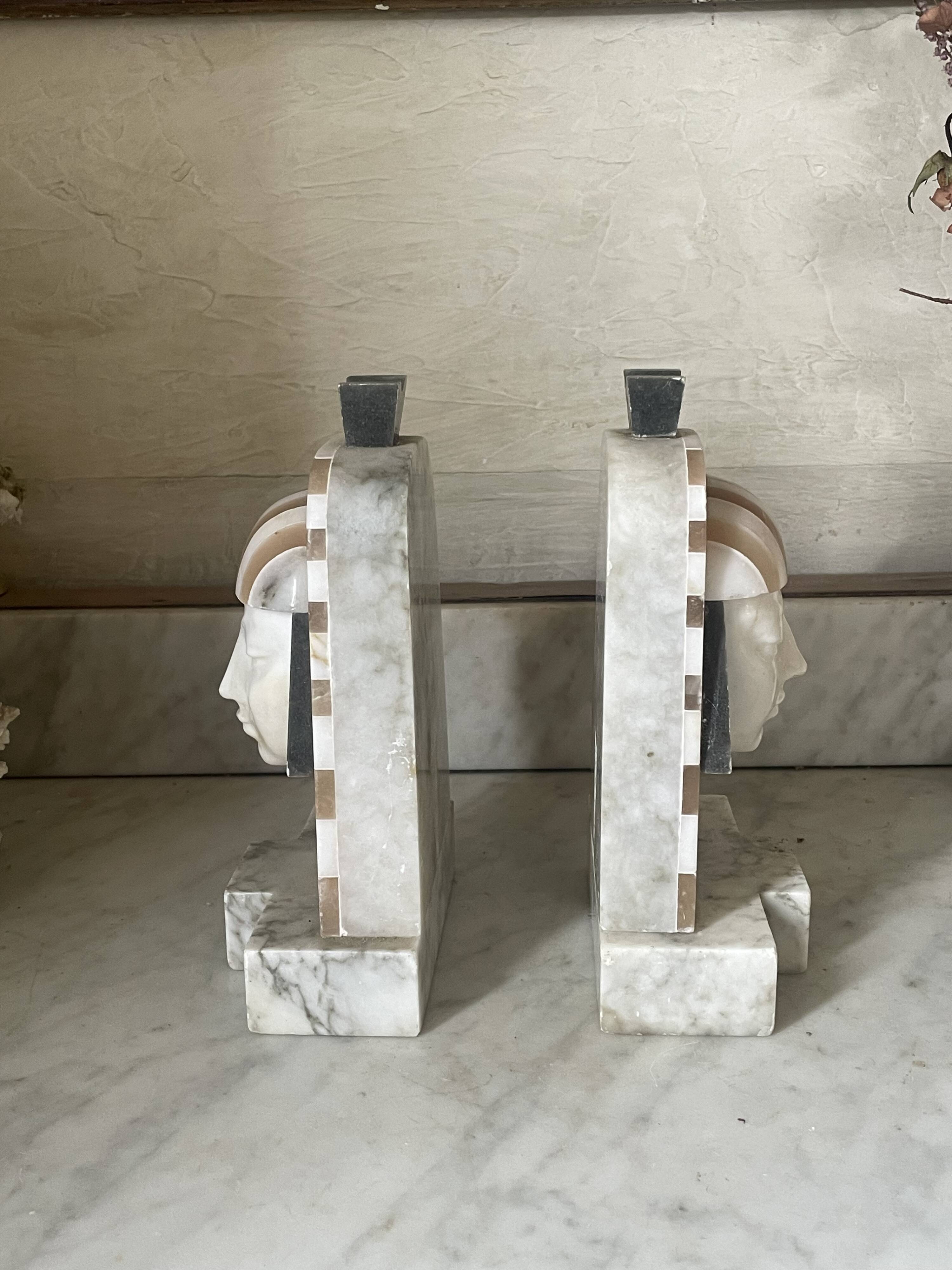 Art Deco "Egyptian Revival" pair of bookends in carved alabaster
