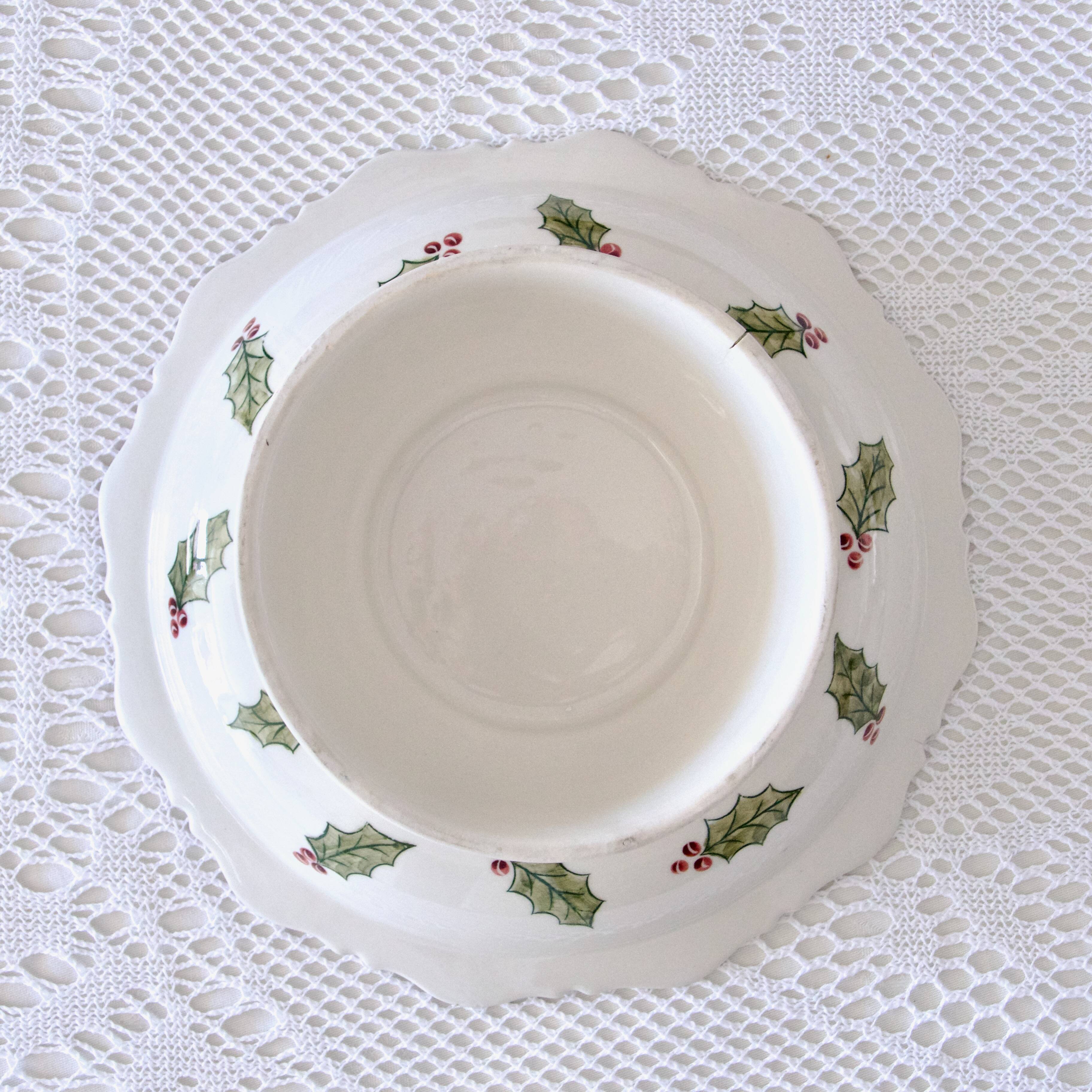 Large hand painted earthenware footed bowl Christmas decor