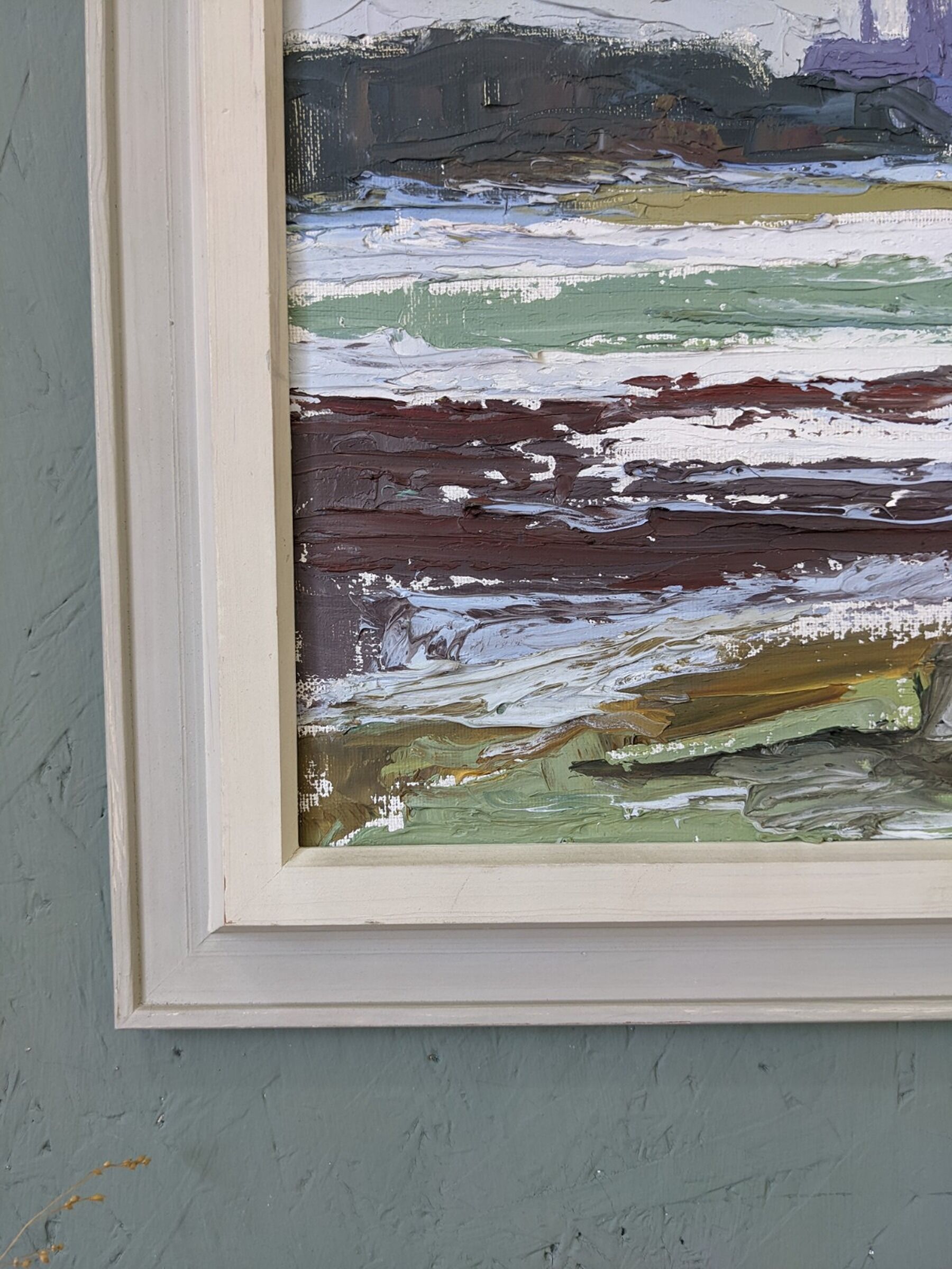 Mid-Century Modern Swedish "Planes" Vintage Expressive Landscape Oil Painting, Framed