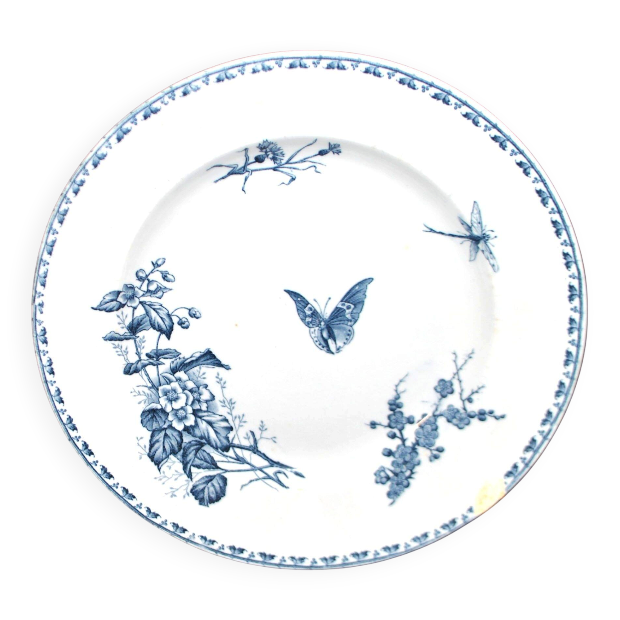 Sarreguemines round plate CARMEN blue butterfly dragonfly earthenware ironstone
