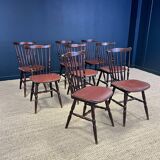 Set of 8 Tacoma Baumann bistro chairs in dark wood and brown leatherette from the 50s