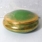 Green and gold Limoges porcelain candy box signed Catherine Lainé