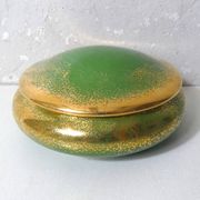 Green and gold Limoges porcelain candy box signed Catherine Lainé