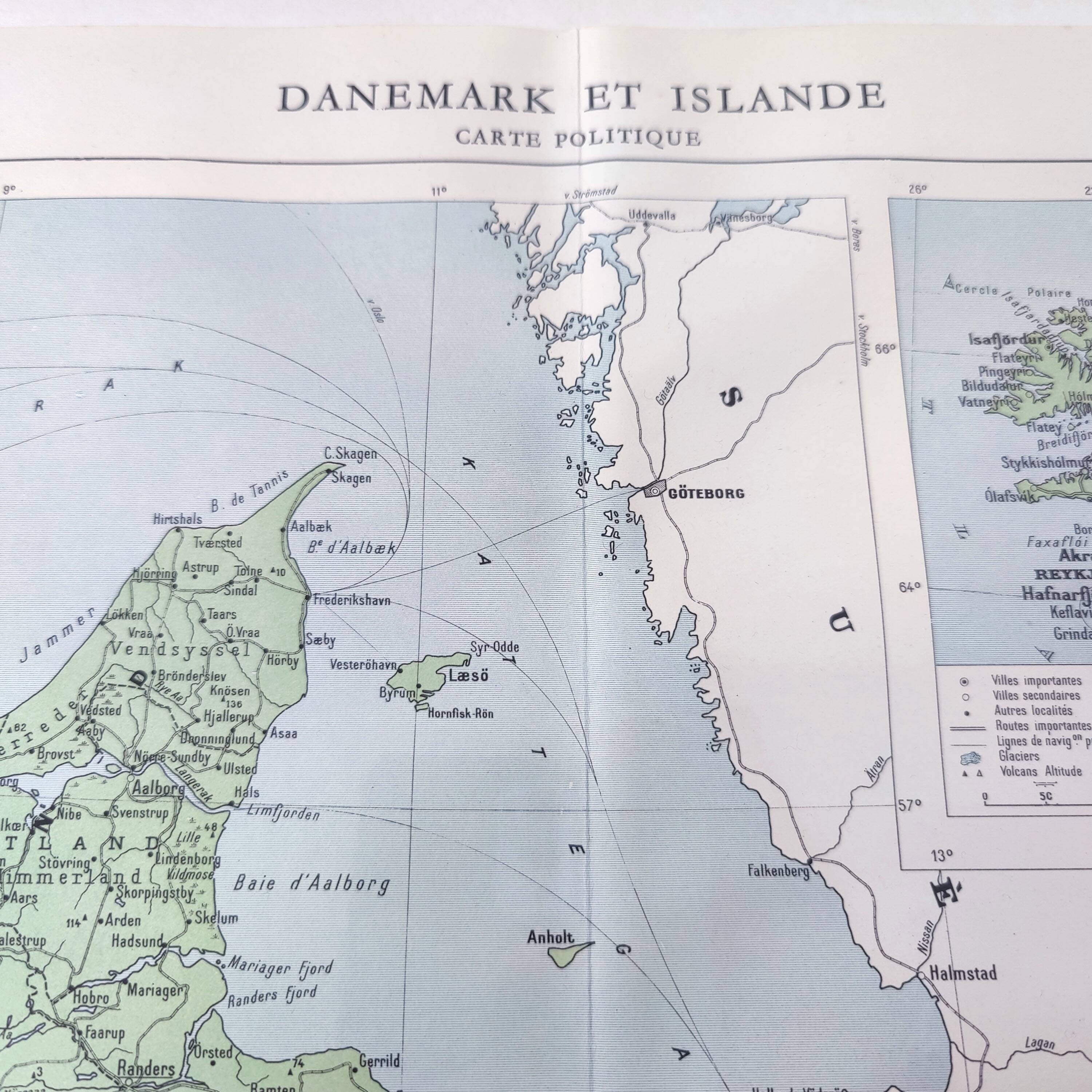 Old map Denmark Iceland Scandinavia 43x43cm from 1950