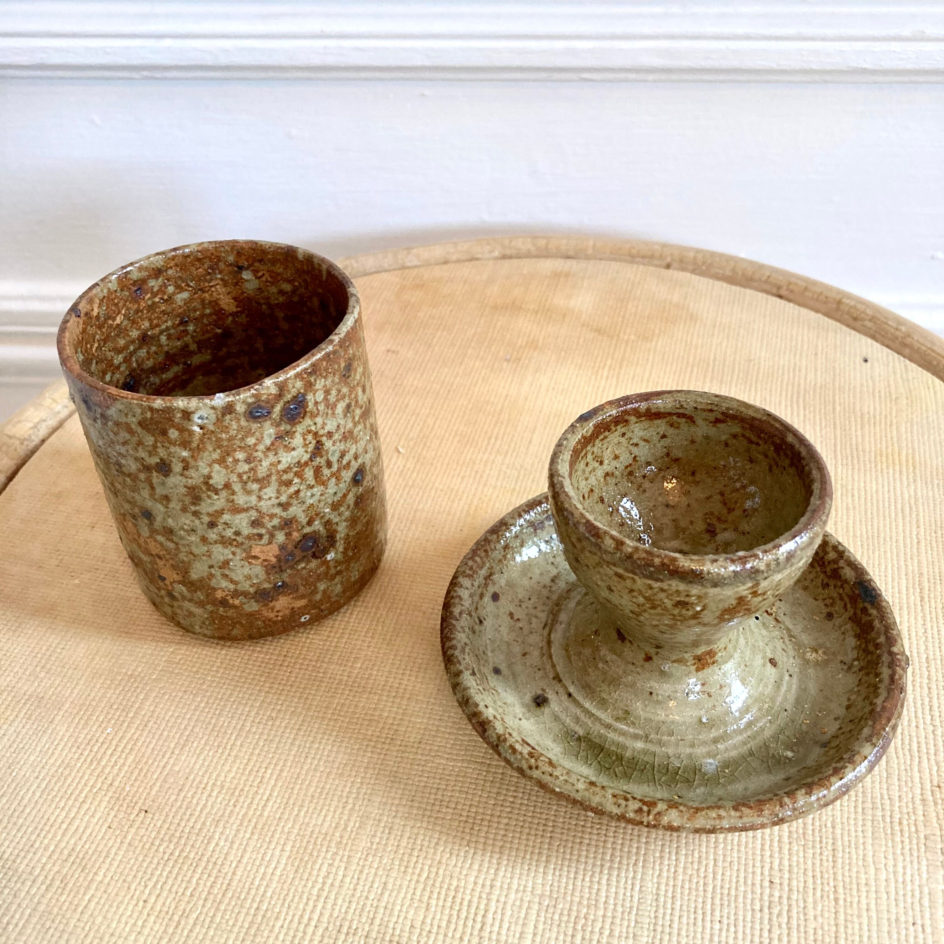Egg cup and bowl set in pyrite stoneware