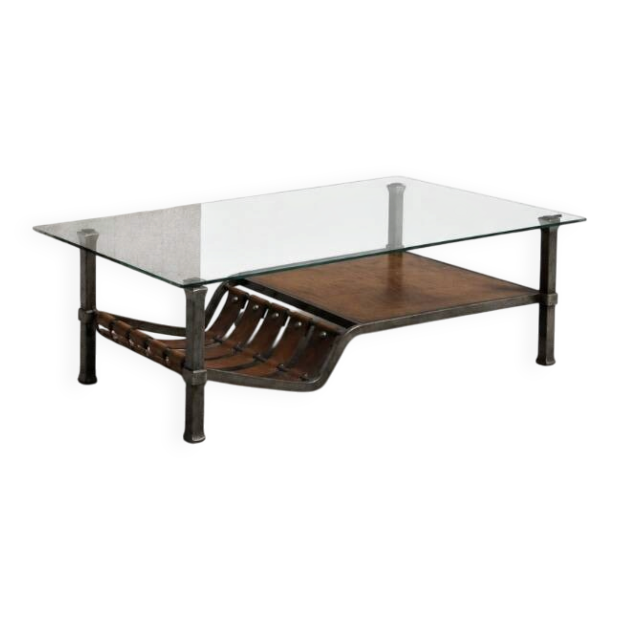Brutalist coffee table in wrought iron and leather.