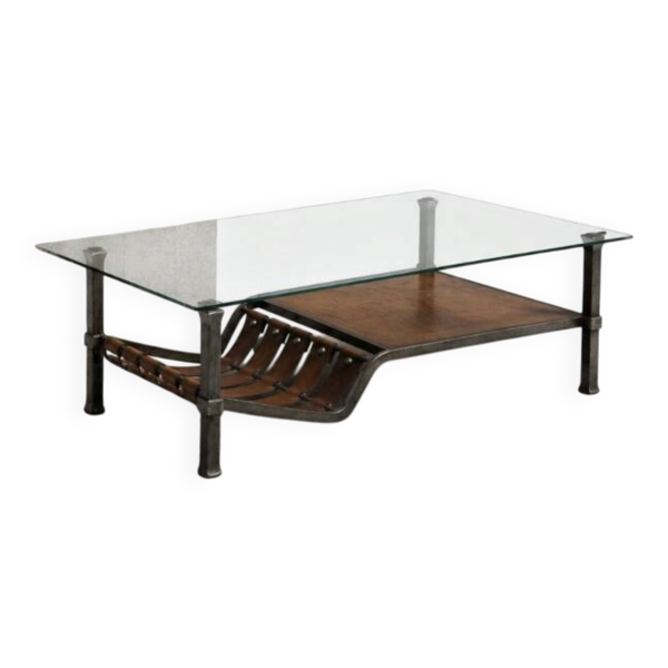 Table basse brutaliste en fer forgé et cuir