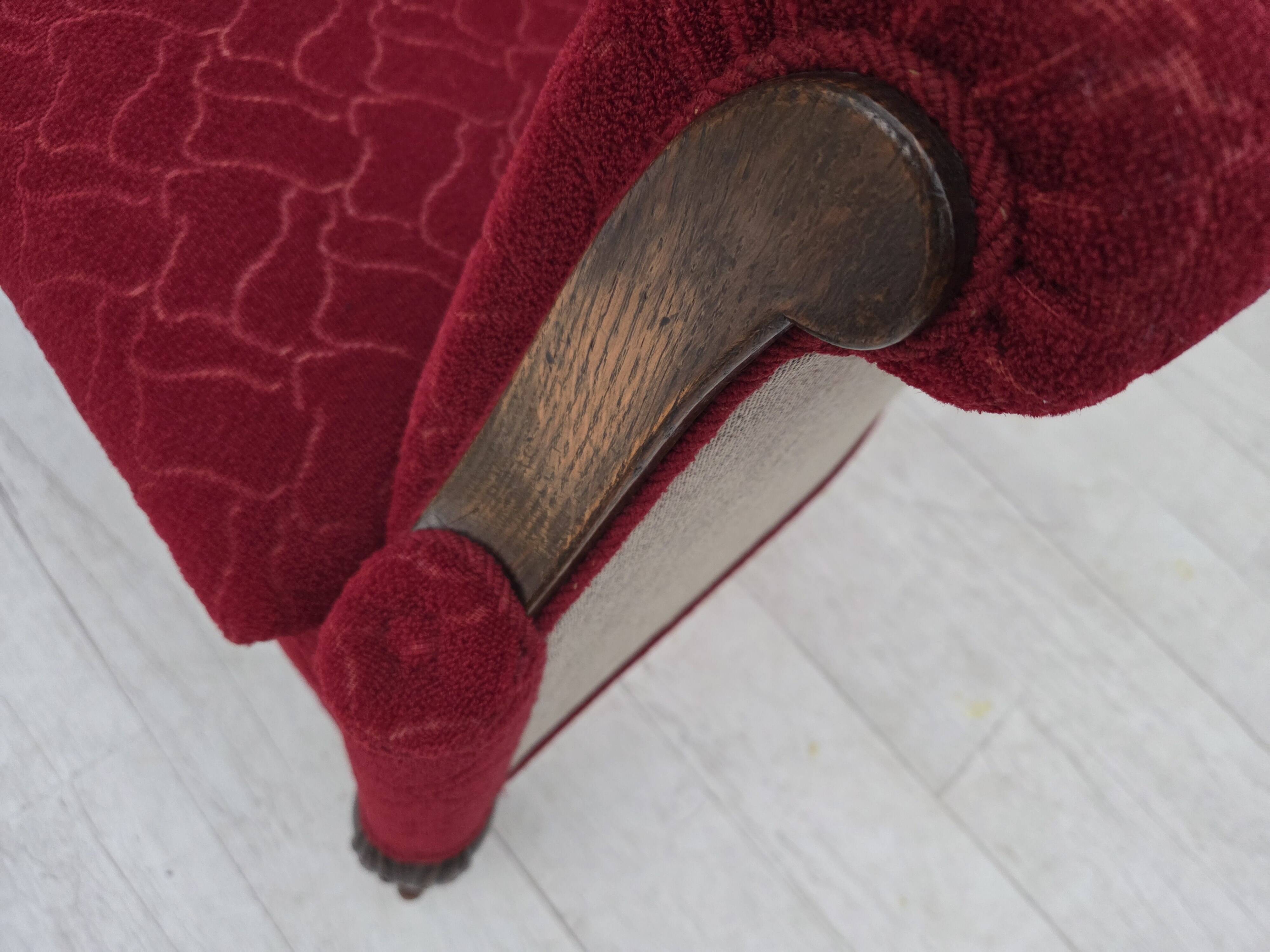 1950s, Danish armchair, red and light grey furniture wool, carved oak wood.