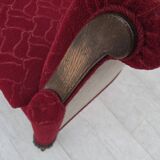 1950s, Danish armchair, red and light grey furniture wool, carved oak wood.