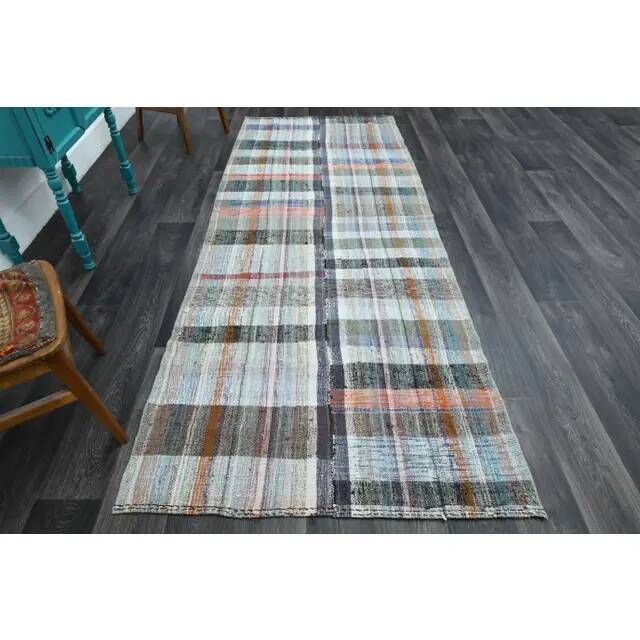 Vintage Turkish Oushak Handmade Wool Cotton Green Runner Rug 125x310