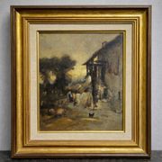 École française – Scène de ferme animée – Huile sur panneau