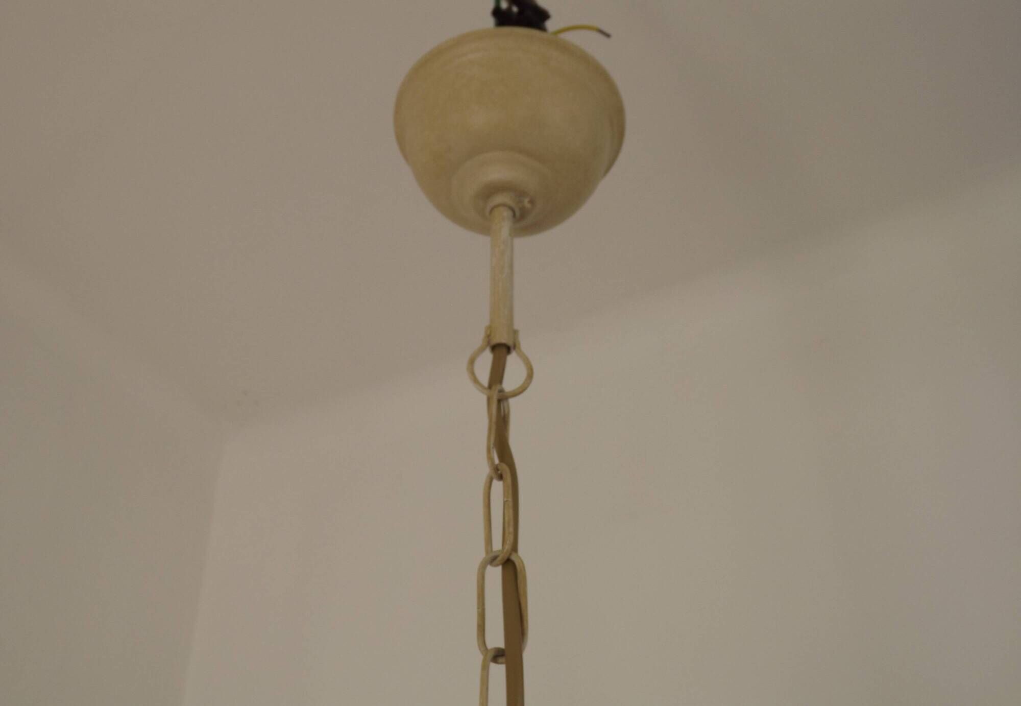 French vintage metal deep pink rose and green leaf 5-light chandelier