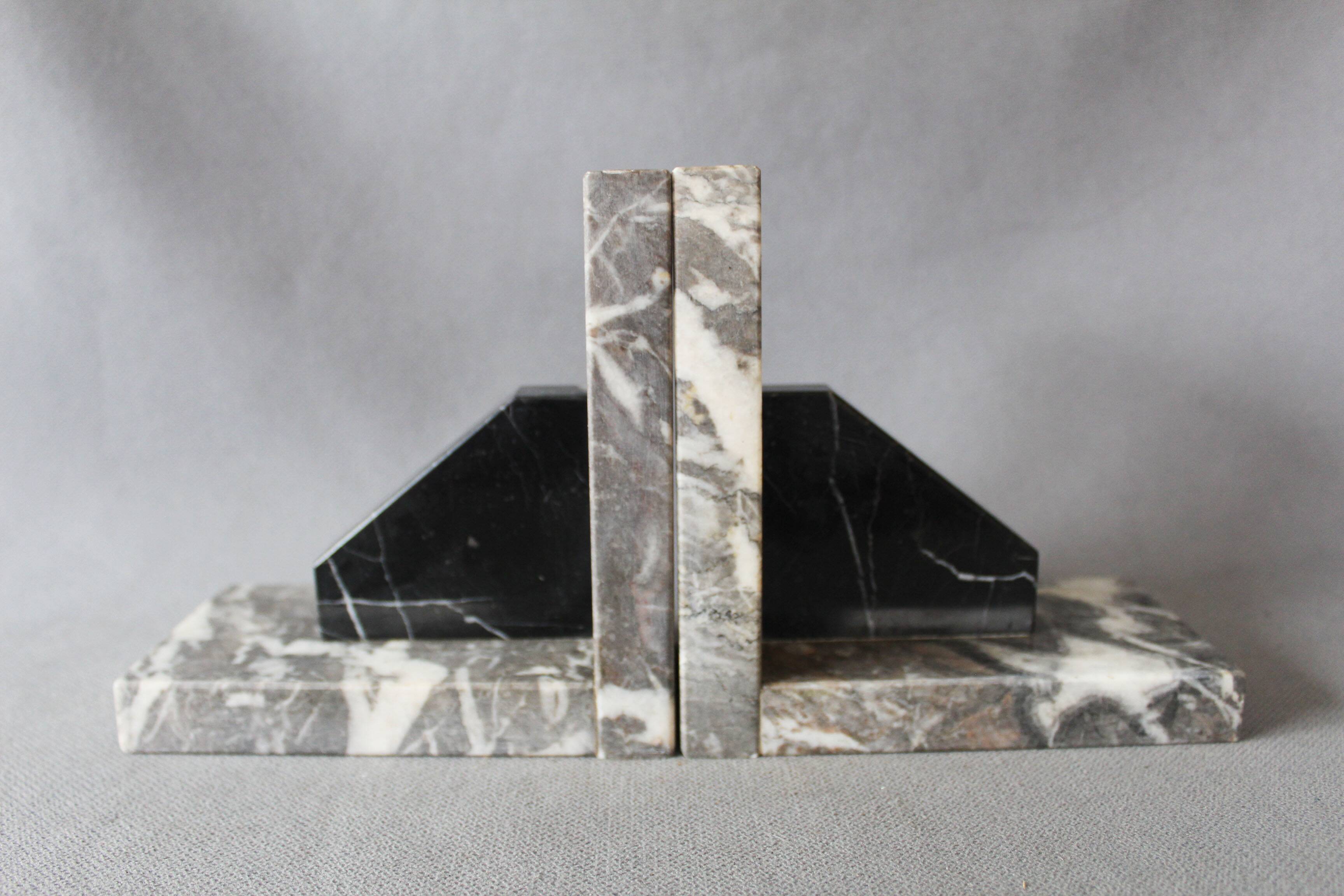 Set of 2 vintage Art Deco bookends in grey, black, and white marble