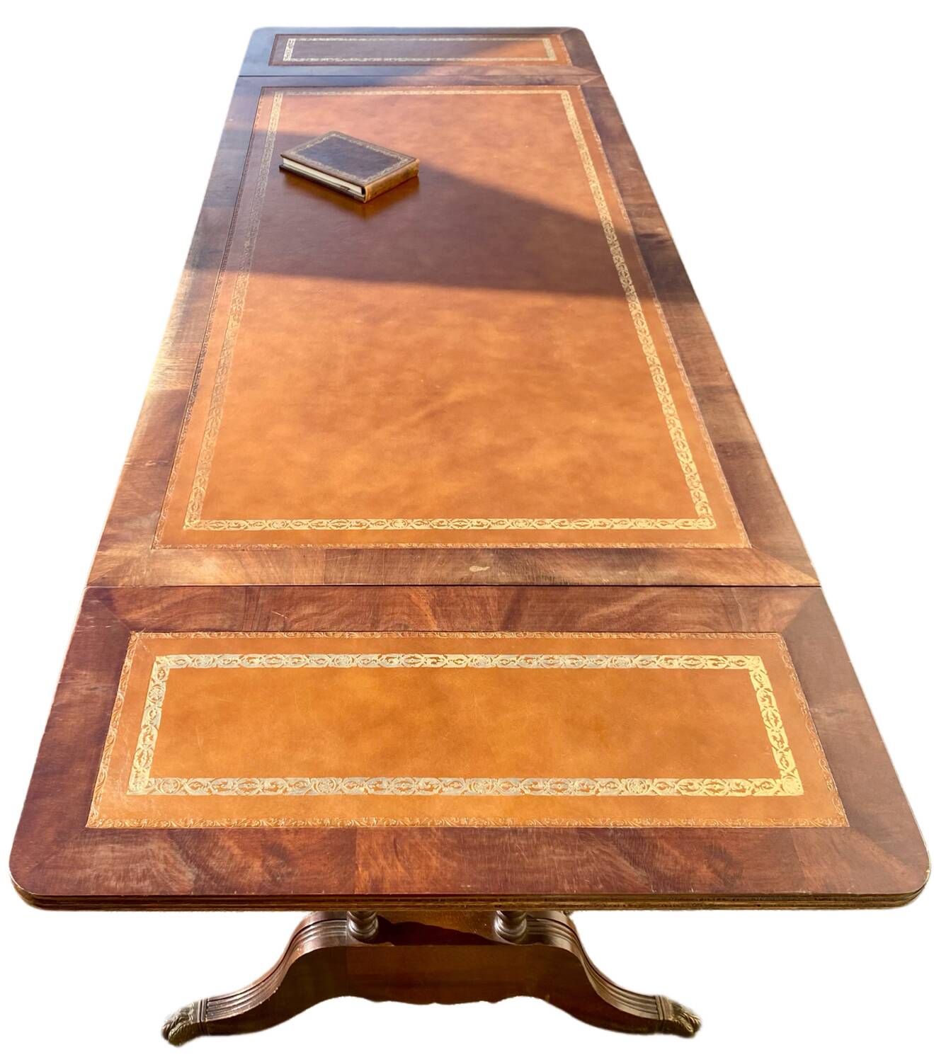 English desk, double-sided table with mahogany extension.