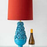 Turquoise glazed ceramic floral table lamp from Manises mid-century, with a new silk shade.
