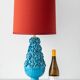 Turquoise glazed ceramic floral table lamp from Manises mid-century, with a new silk shade.