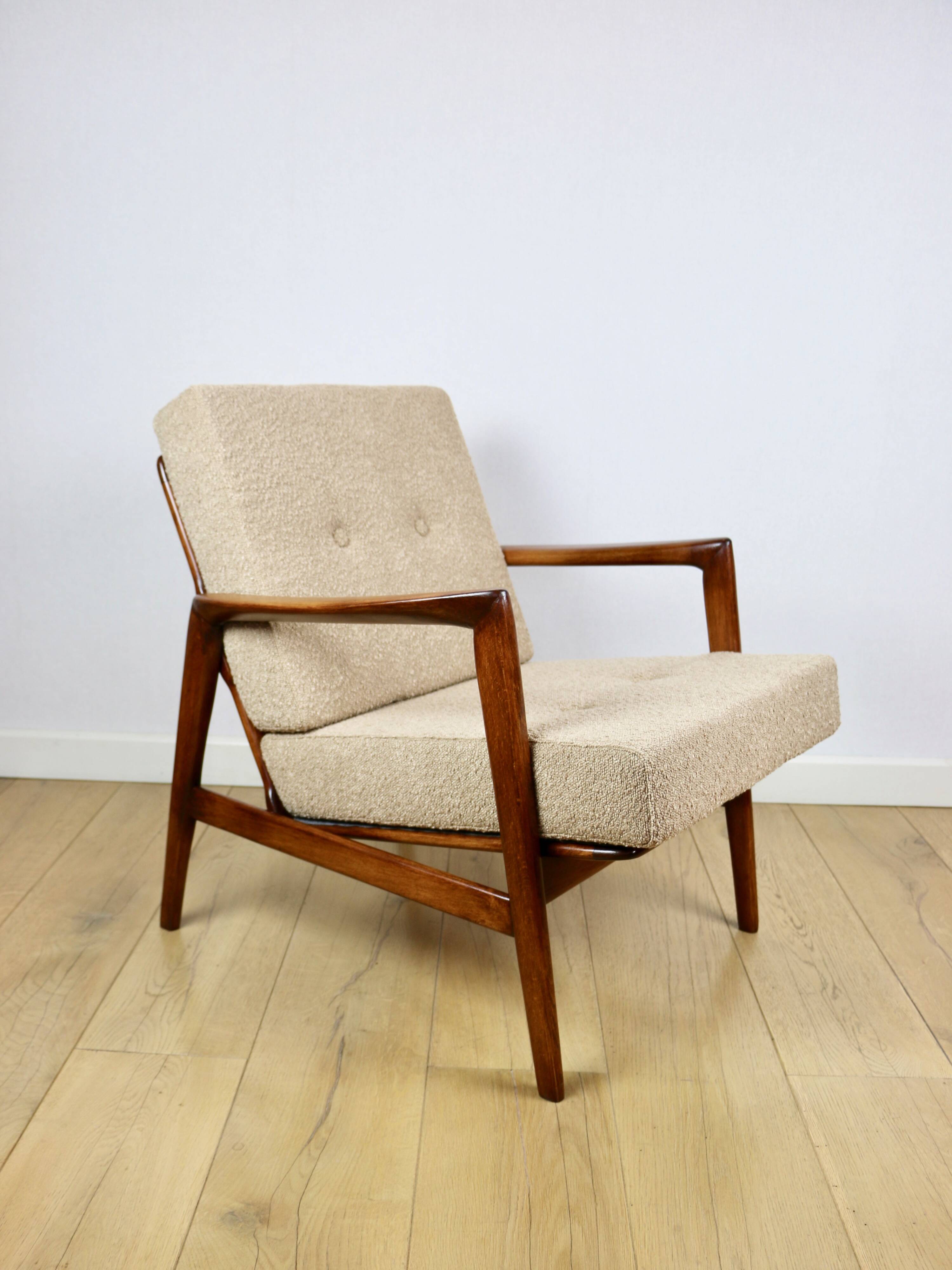 PRL armchair "Stefan" oak wood vintage beige - gold boucle - 3 pieces available