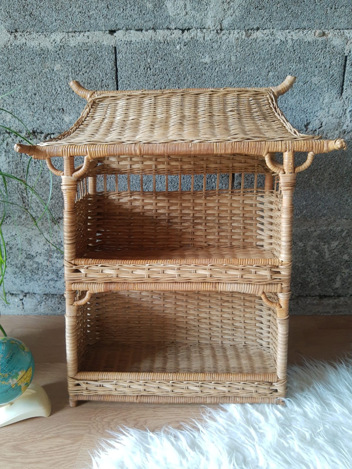Wall shelf or to be placed in unique Japanese style rattan vintage pagoda