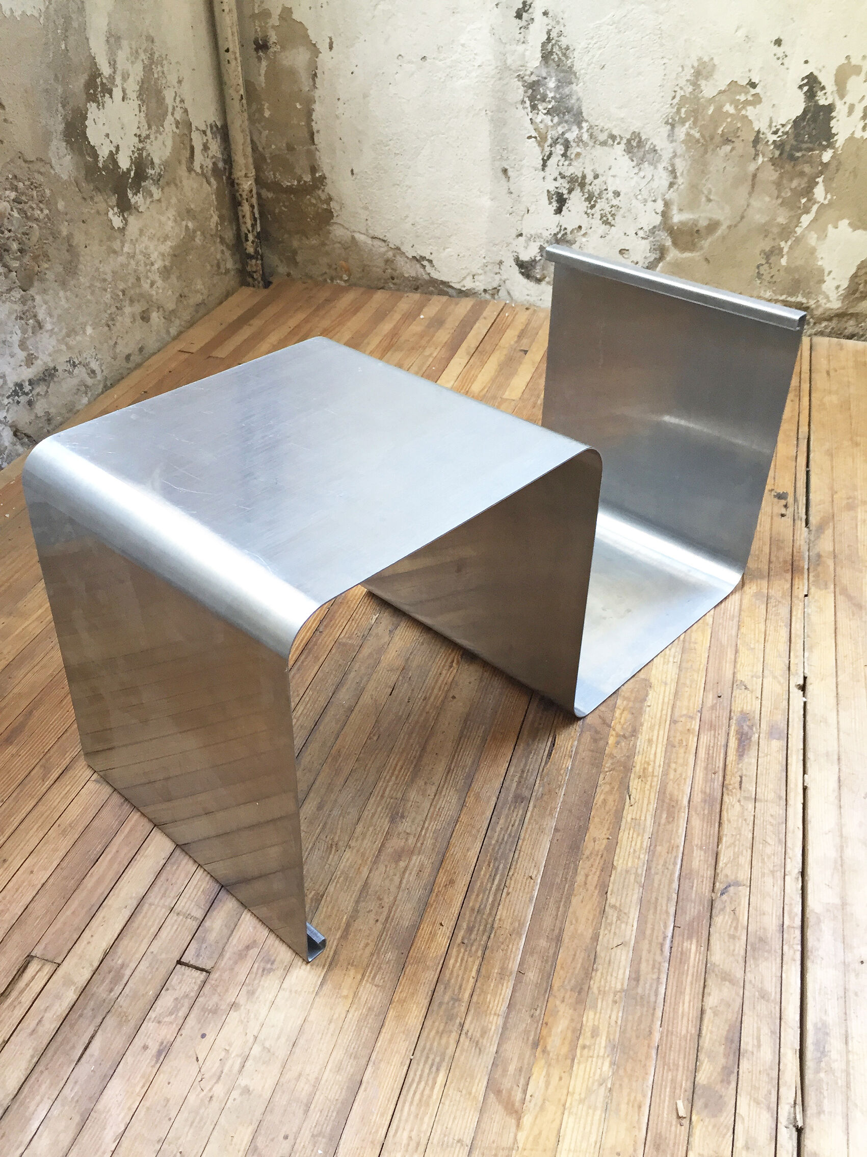 "Zig-zag" satin stainless steel shelf by Joelle Ferlande and François Monnet