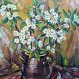 Peinture à l’huile de nature morte « pot de fleurs »  milieu du 20ème siècle