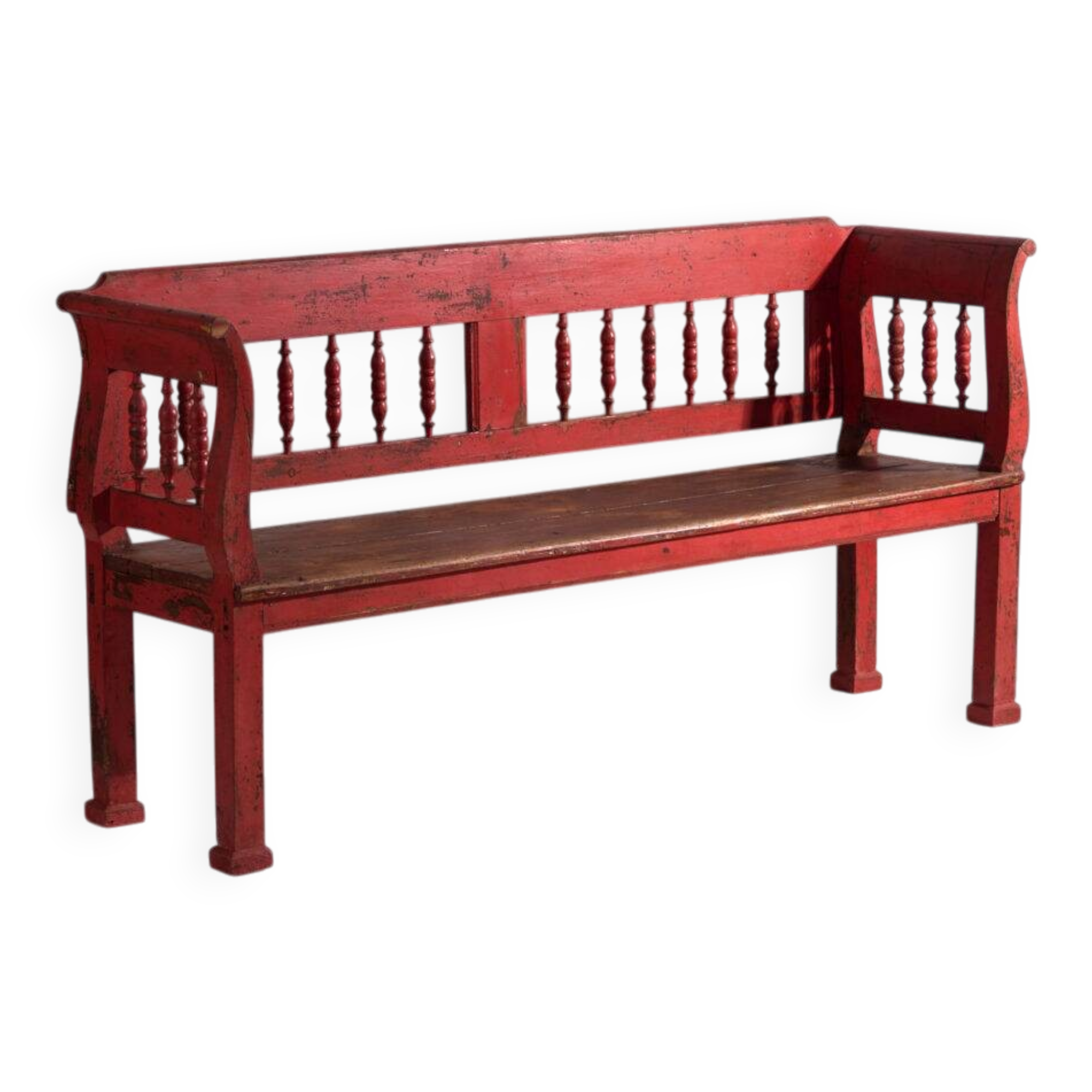 Old red-painted pine bench with turned backrest – Central Europe, circa 1900