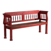 Old red-painted pine bench with turned backrest – Central Europe, circa 1900