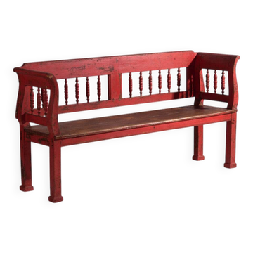 Banc ancien peint rouge en pin à dossier tourné – Europe centrale, vers 1900