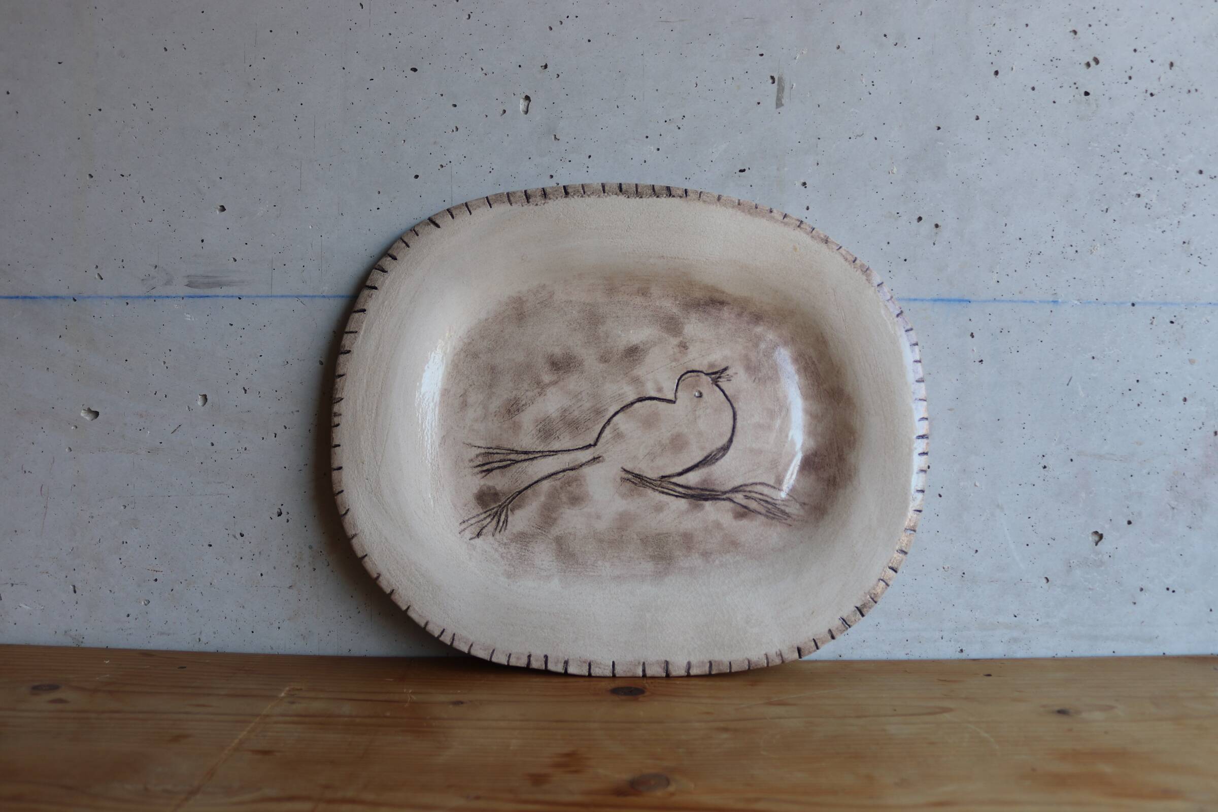 Handmade ceramic bird dish signed