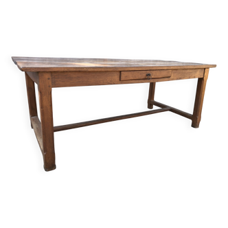 Table de ferme ancienne en chêne à barre à chat et 1 tiroirs.