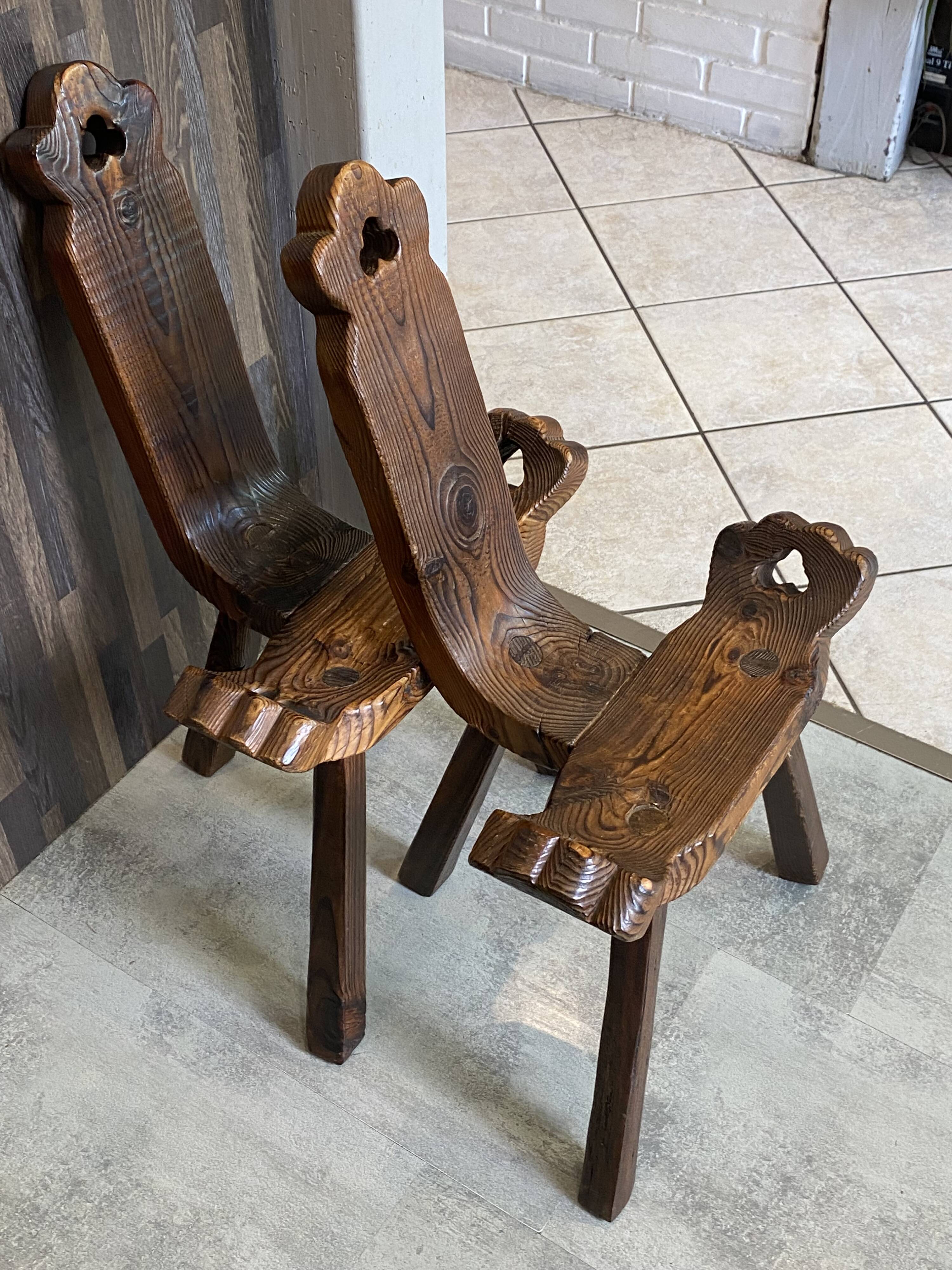 Brutalist tripod chair n2, carved solid wood, antique.