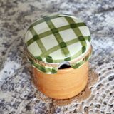 Vintage sugar bowl with gingham pattern hat and peach barbotine pattern