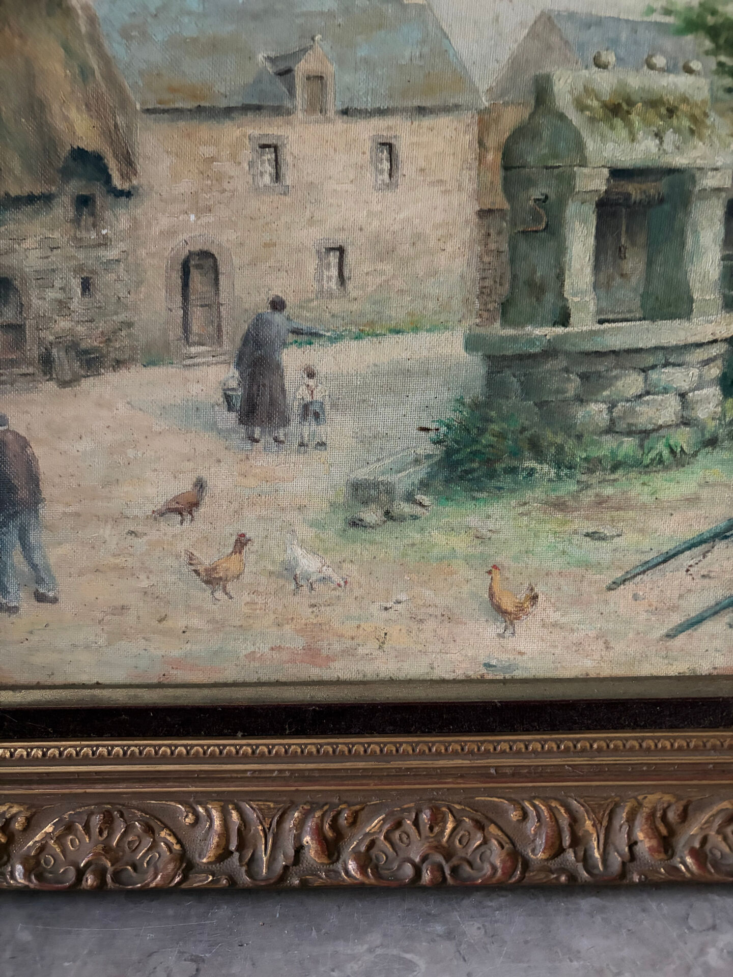 Oil on canvas "Village courtyard with chickens", signed.