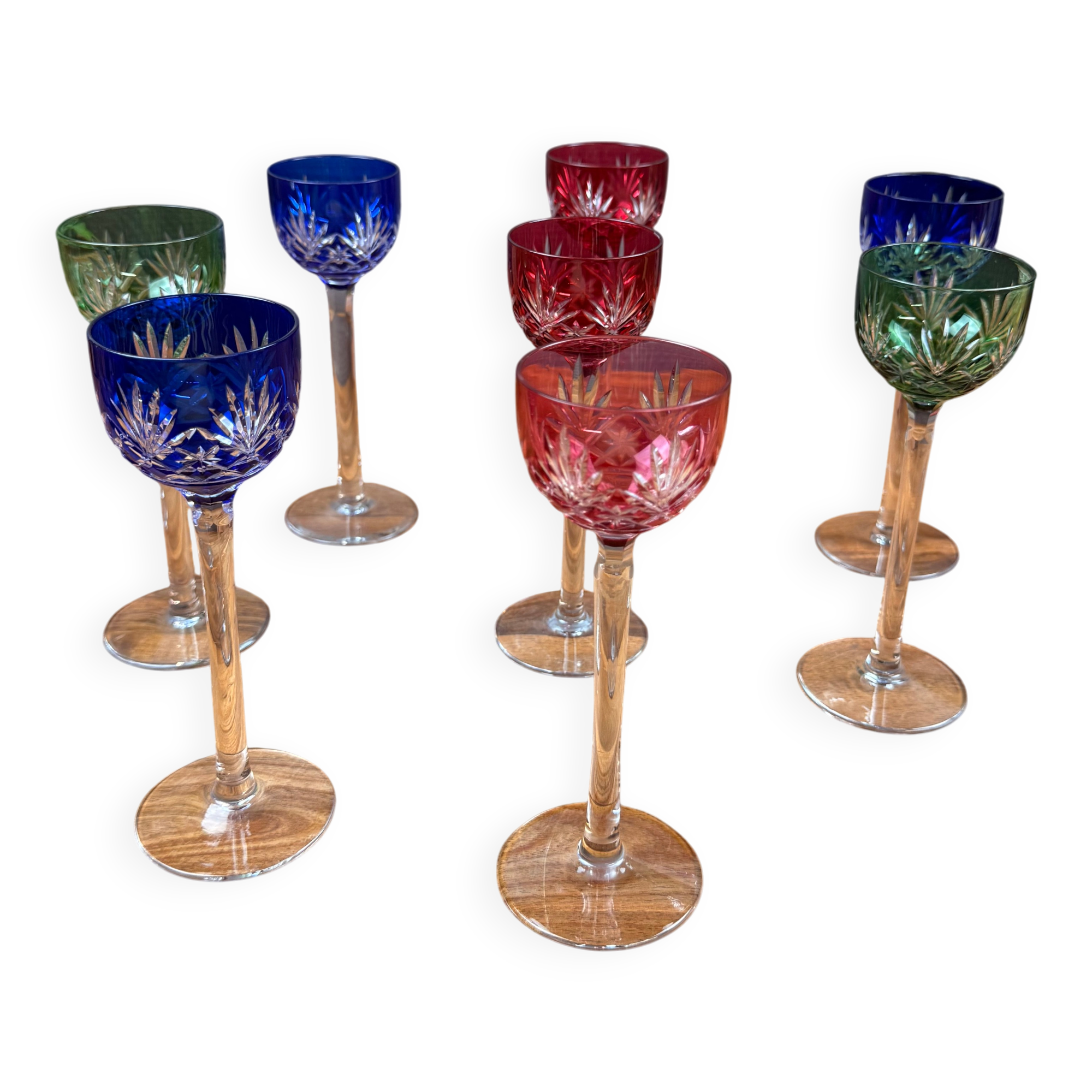 Set of 8 Coloured Cut Crystal Liqueur Glasses