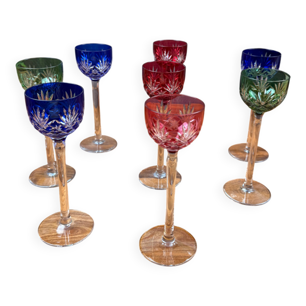 Lot de 8 Verres à Liqueur en Cristal Taillé Coloré