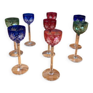 Set of 8 Coloured Cut Crystal Liqueur Glasses